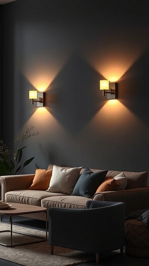 A cozy living room with wall-mounted lighting fixtures casting a warm glow.