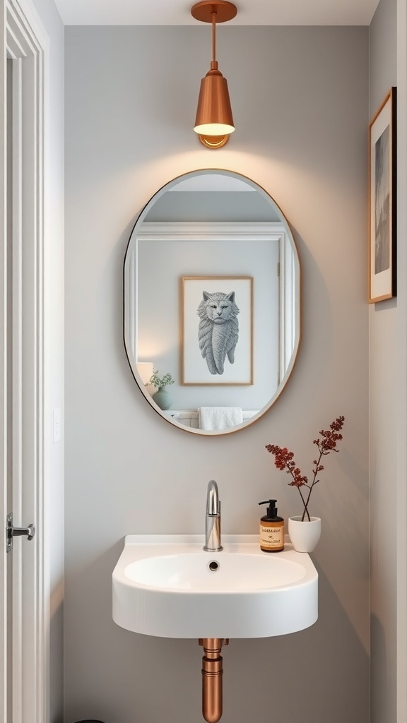 A modern bathroom with a wall-mounted oval mirror, stylish sink, and warm lighting.