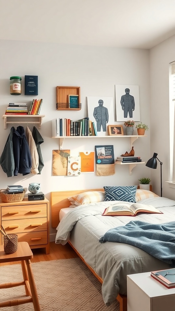A small teen boy's bedroom featuring wall-mounted organizers with books, plants, and framed pictures.