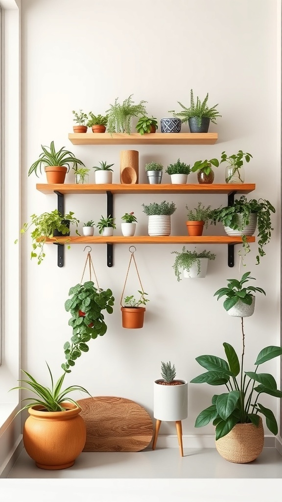 A wall-mounted planter shelf display featuring various houseplants in stylish pots atop wooden shelves.