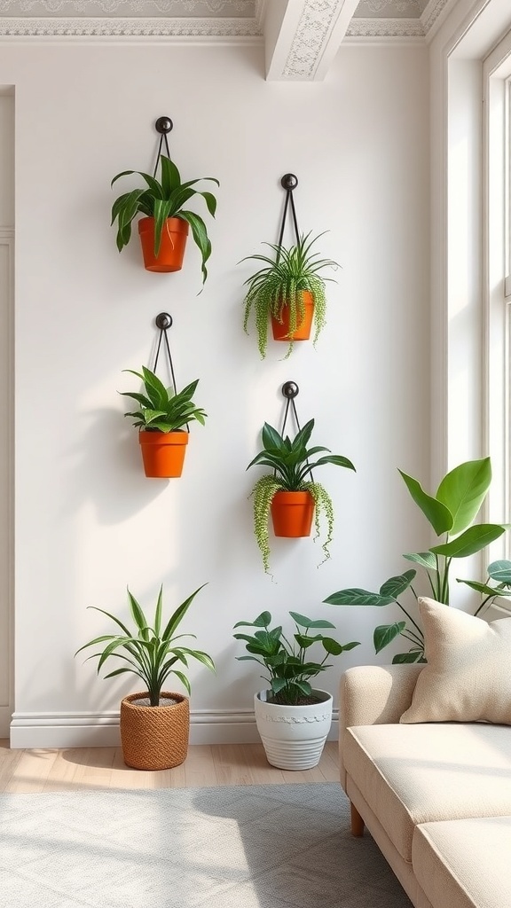 A cozy room featuring wall-mounted planters with orange pots and green plants, alongside additional potted plants on the floor.