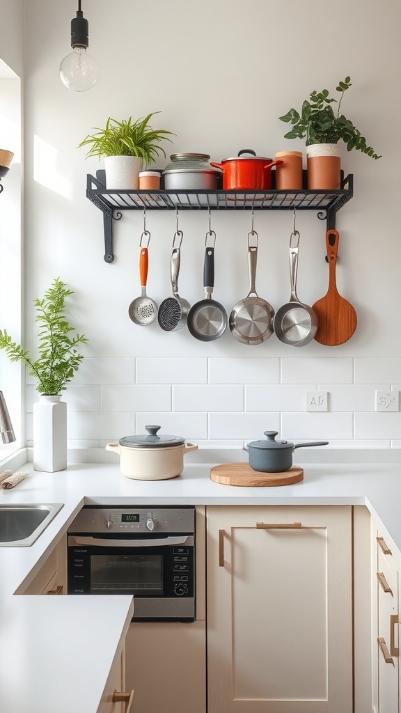 A wall-mounted pot rack displaying pots, pans, and plants in a small kitchen.