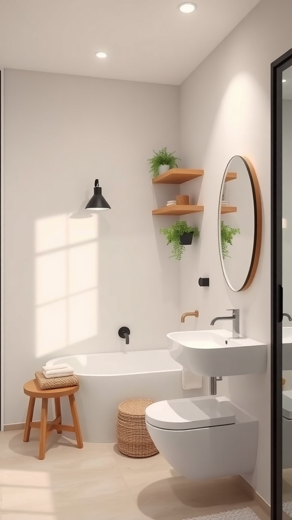 A modern bathroom featuring wall-mounted wooden shelves with plants, a round mirror, and a clean aesthetic.