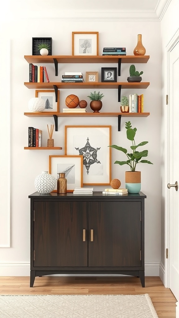Wall-mounted shelves displaying books, plants, and decorative items in a small entryway.