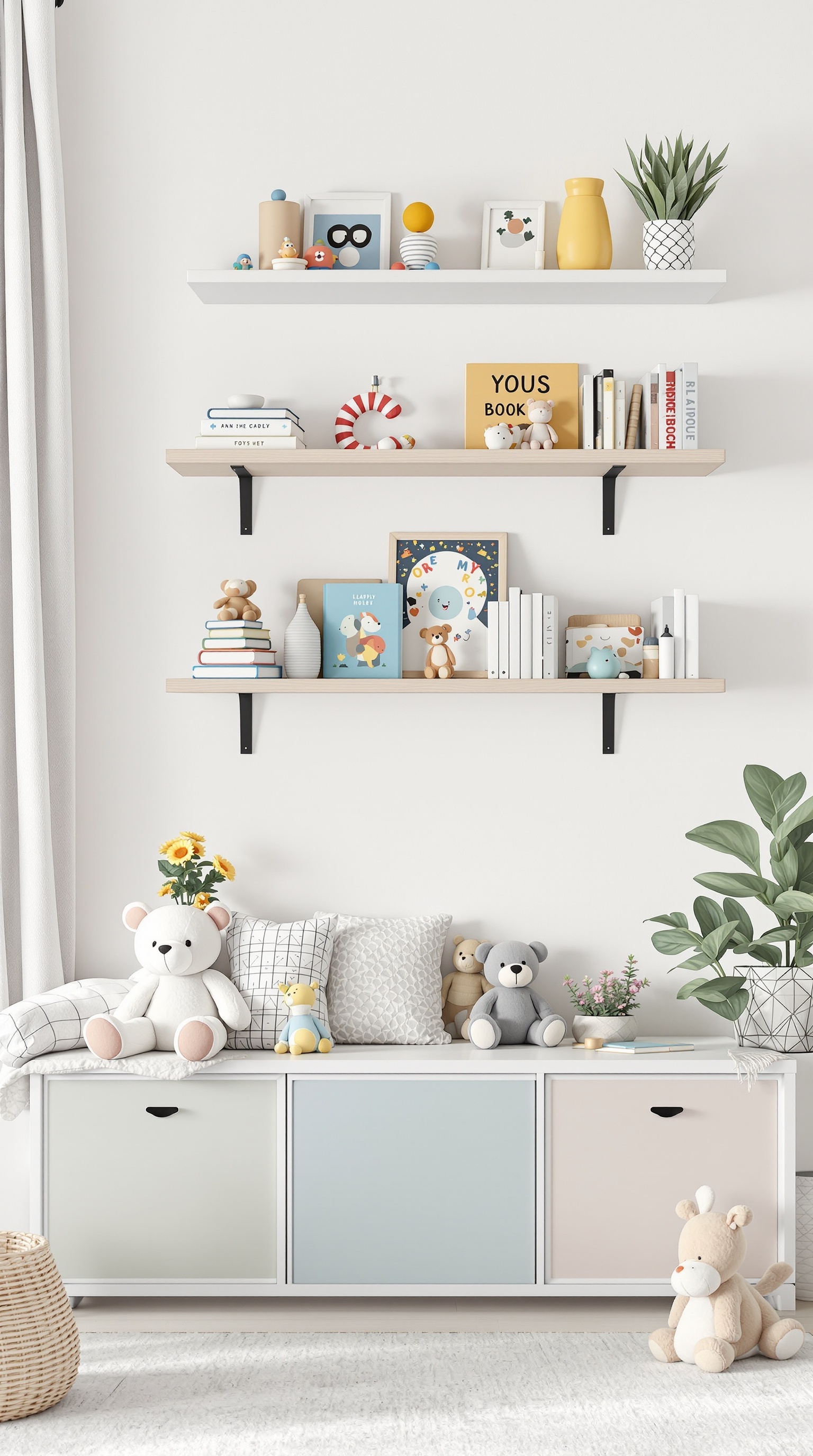 A stylish room with wall-mounted shelves displaying colorful toys and books, along with a cozy seating area.