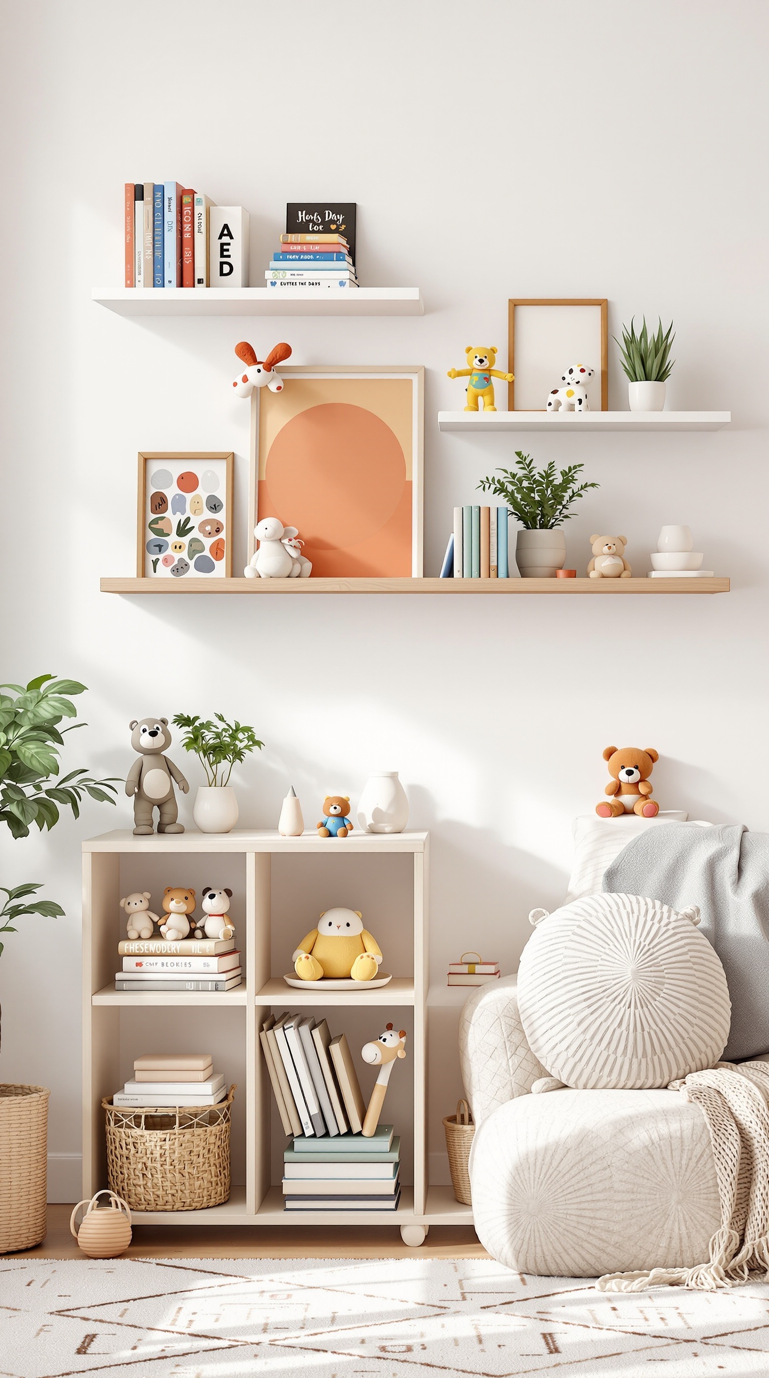 A stylish room with wall-mounted shelves displaying colorful books and toys.