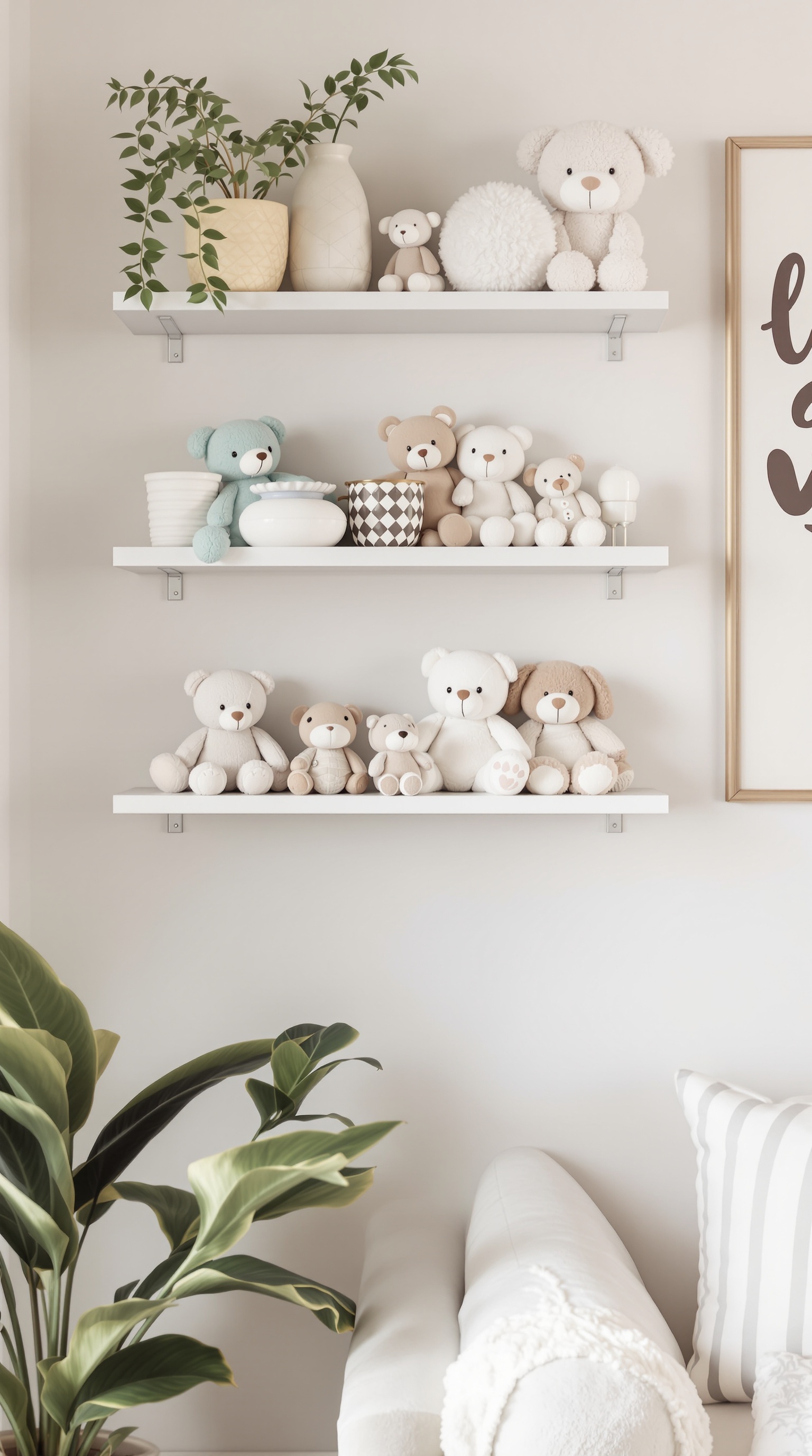 A display of soft toys on white wall-mounted shelves, featuring various plush bears and decorative items.