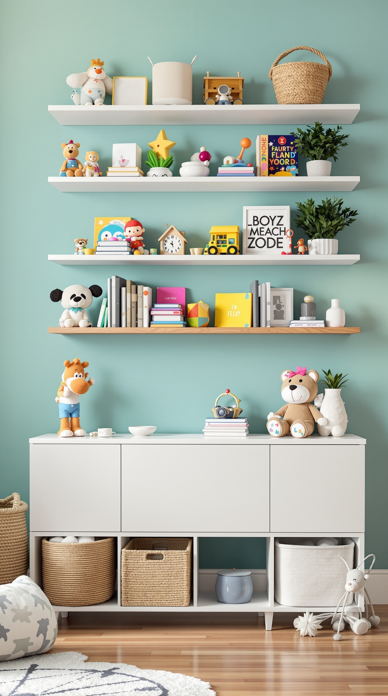 Colorful wall-mounted shelves displaying toys and books in a playroom