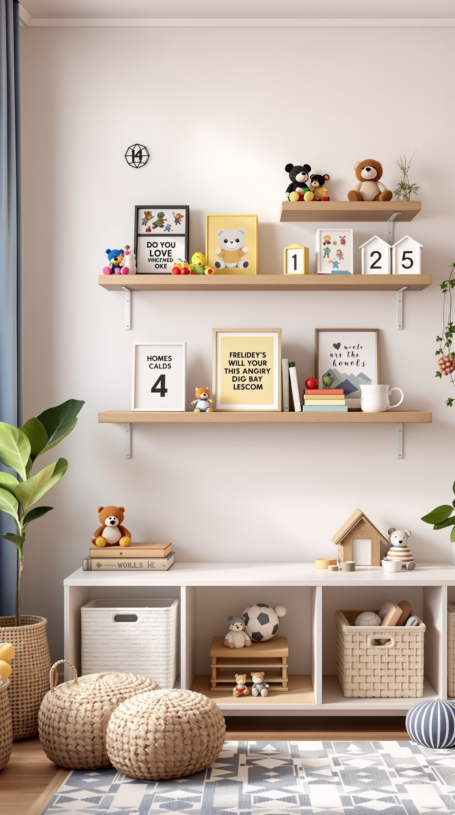 A stylish wall-mounted shelf displaying colorful toys and framed pictures in a cozy room.