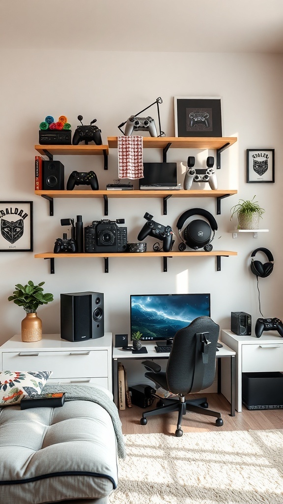 A stylish gaming setup featuring wall-mounted shelves filled with gaming gear, including controllers, speakers, and a monitor.