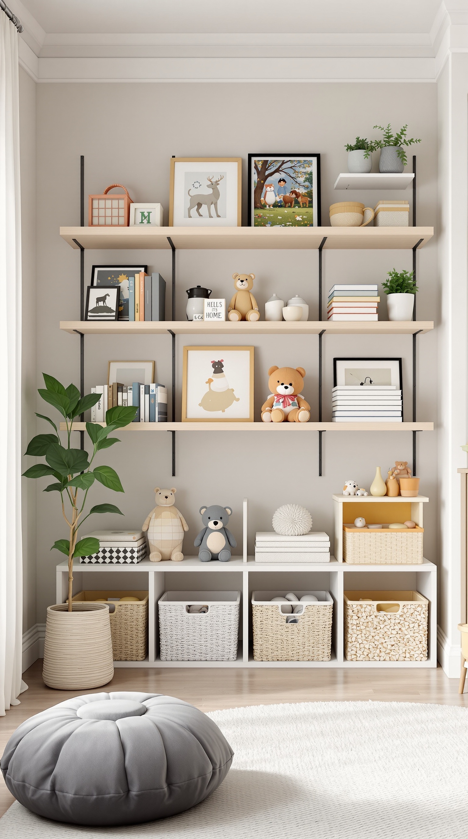 A stylish wall-mounted shelf displaying toys, books, and decorative items in a cozy room.