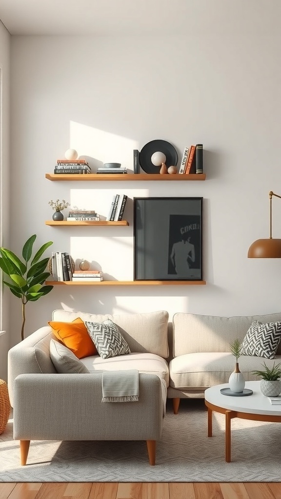 A small lounge room featuring wall-mounted shelves with books and decor above a cozy sofa.