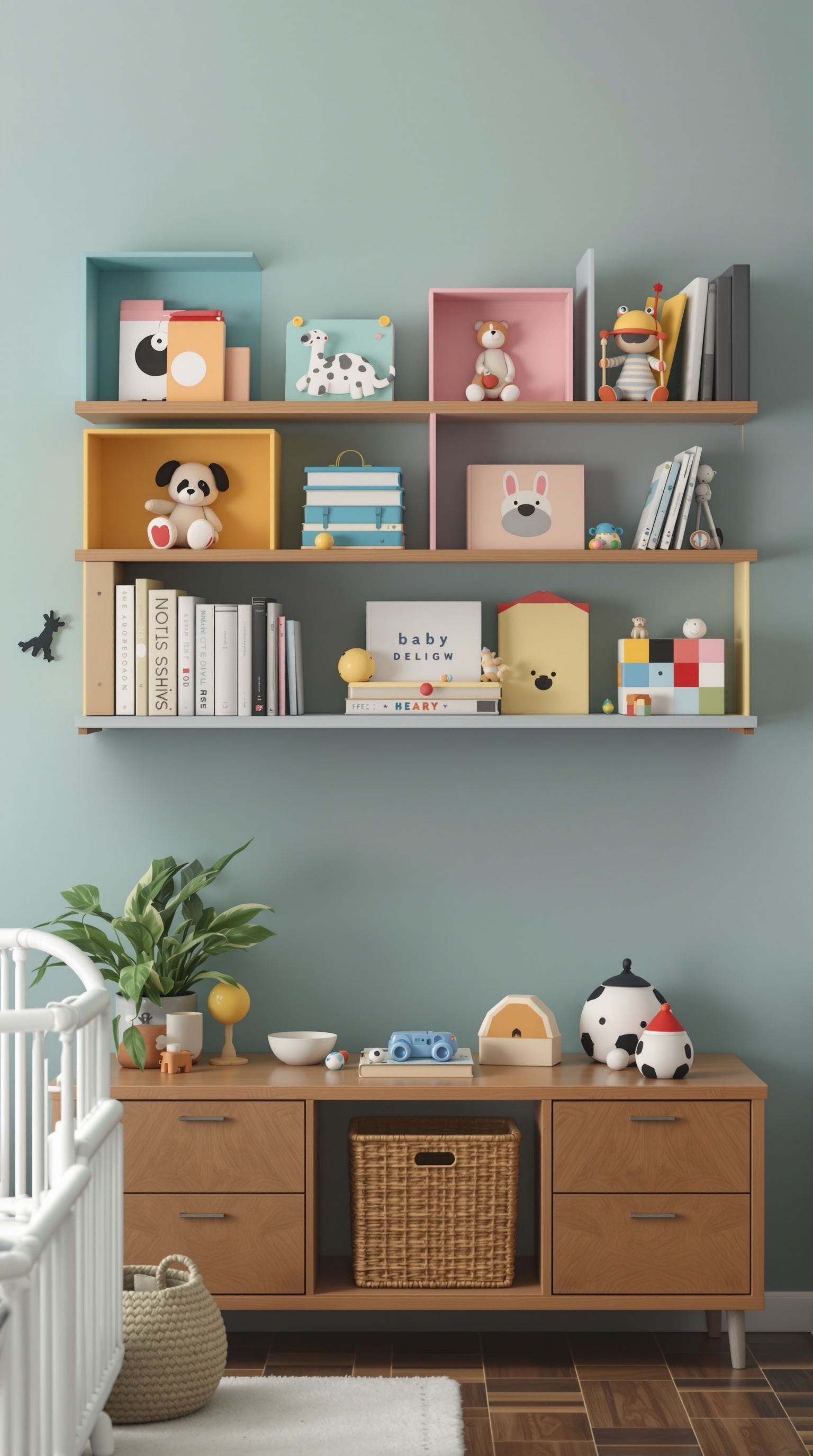 Colorful wall-mounted shelves in a nursery displaying toys and books