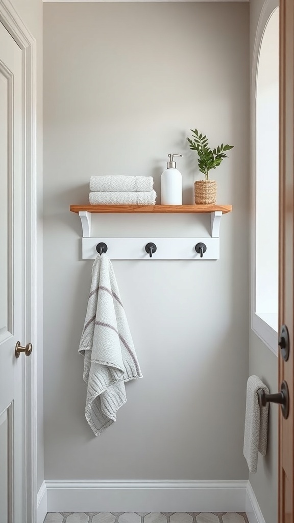 Stylish wall-mounted shelf with towels and plant in a small bathroom.