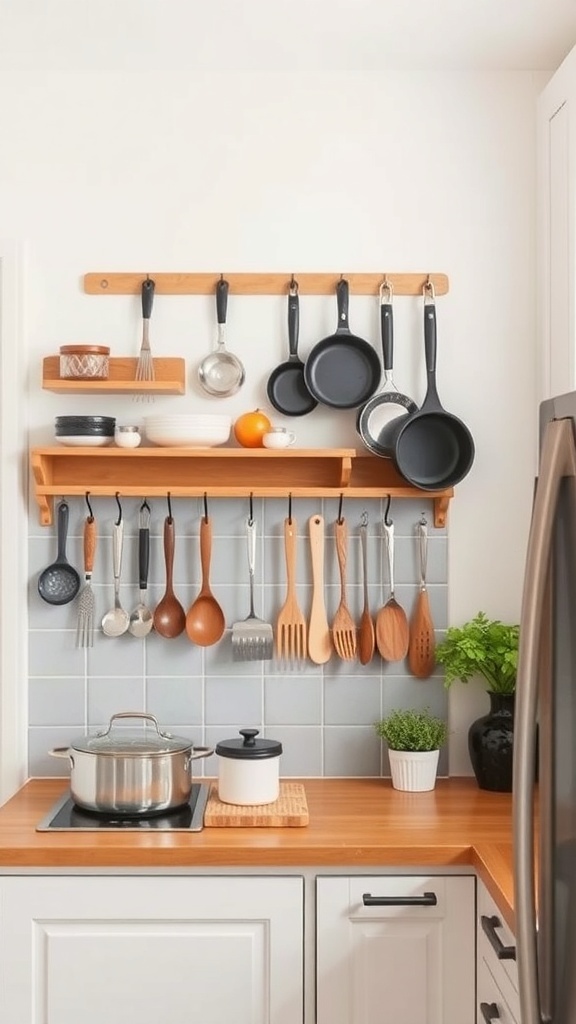 A small apartment kitchen with wall-mounted shelves holding pots, pans, and utensils, featuring a warm wooden countertop.
