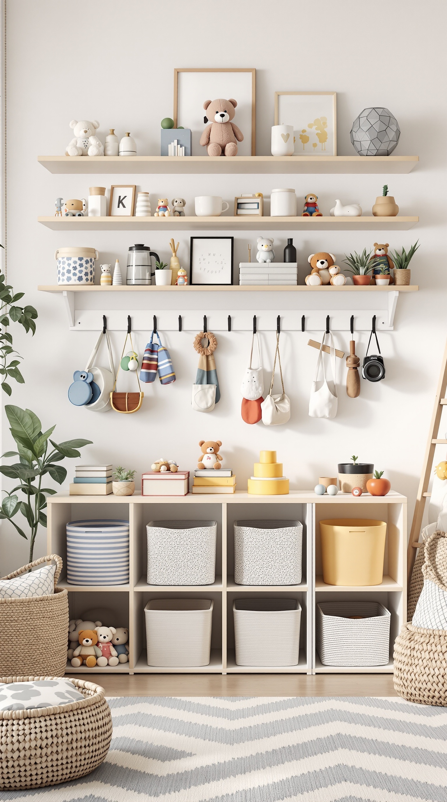 A stylish wall-mounted toy storage solution featuring shelves, hooks, and storage bins.