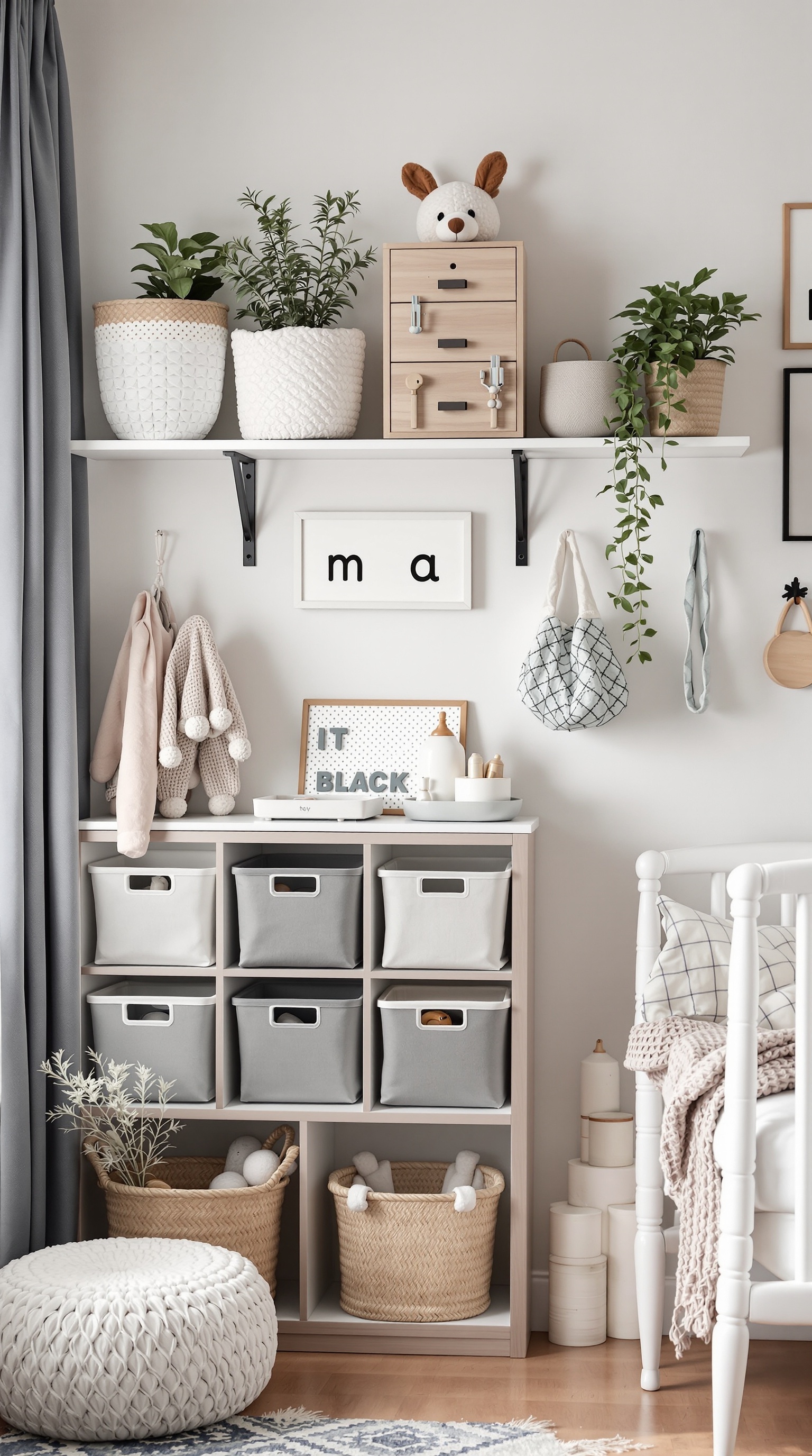 A stylish room with wall-mounted shelves and a storage unit, featuring plants, toys, and decorative items.