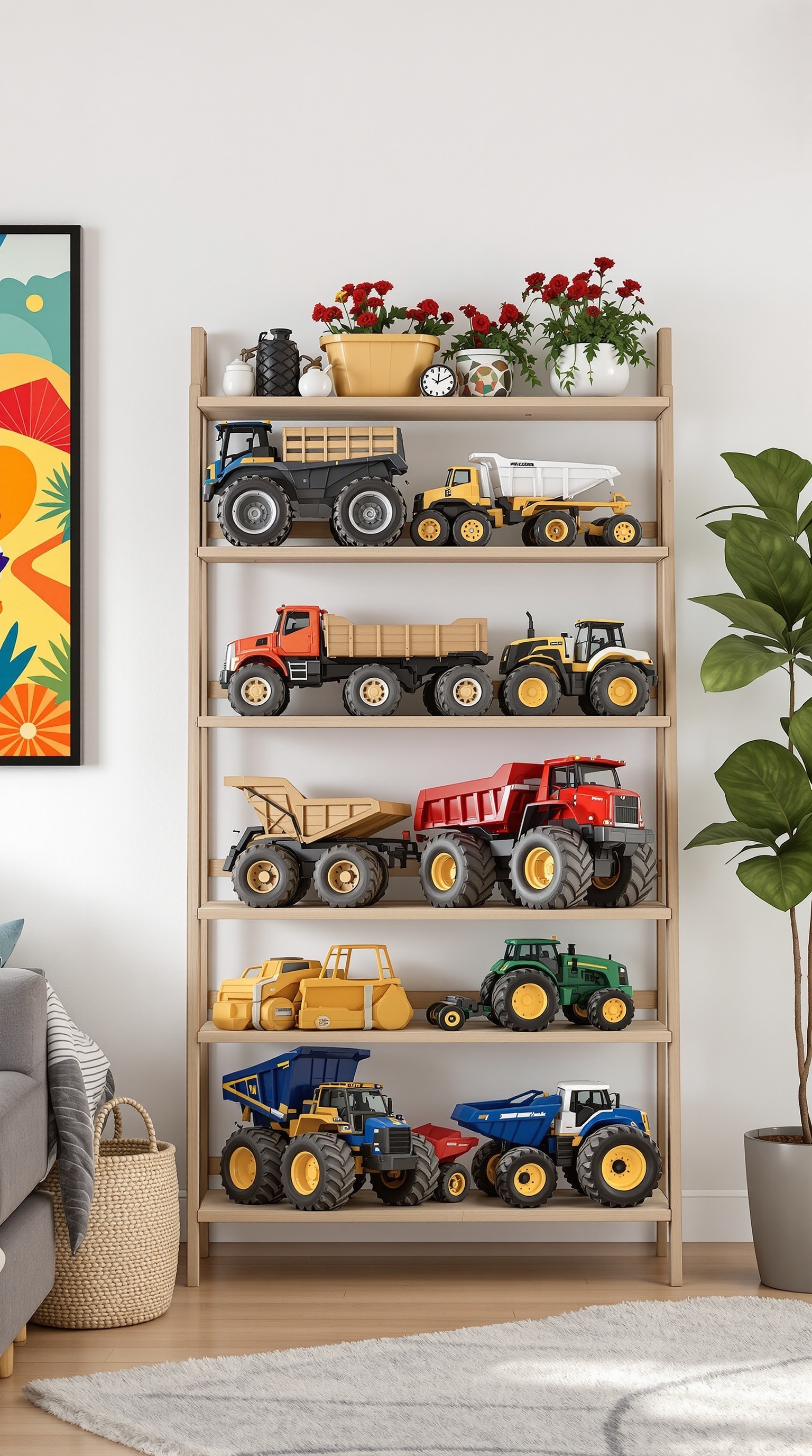 A wall-mounted storage rack displaying various toy trucks in a colorful and organized manner.