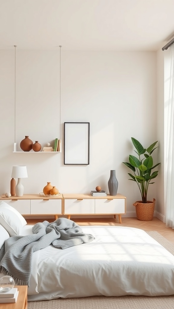 Minimalist bedroom with wall-mounted storage solutions, featuring floating shelves and a low-profile storage unit.
