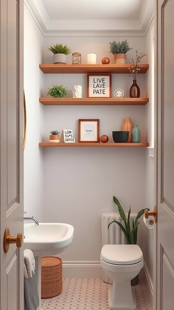 A small bathroom with wall-mounted shelves displaying plants and decorative items.