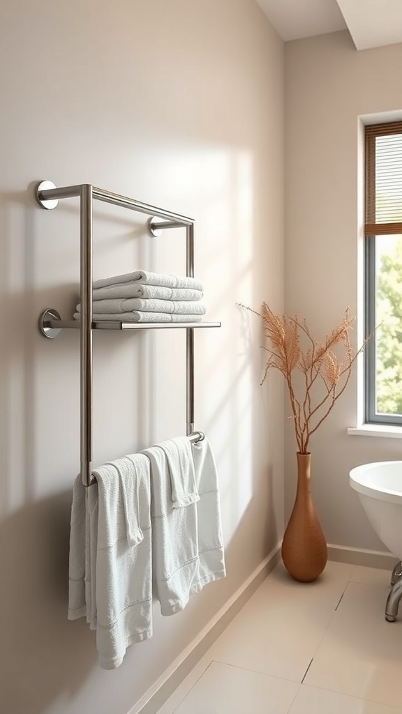 A modern bathroom featuring a wall-mounted towel bar with neatly stacked towels and a decorative vase.