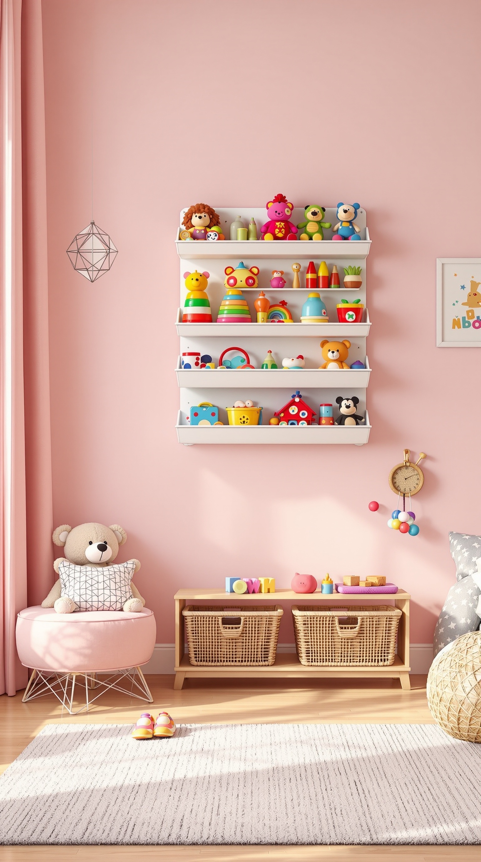 Colorful wall-mounted toy organizers in a playful room with a pink wall and a teddy bear.