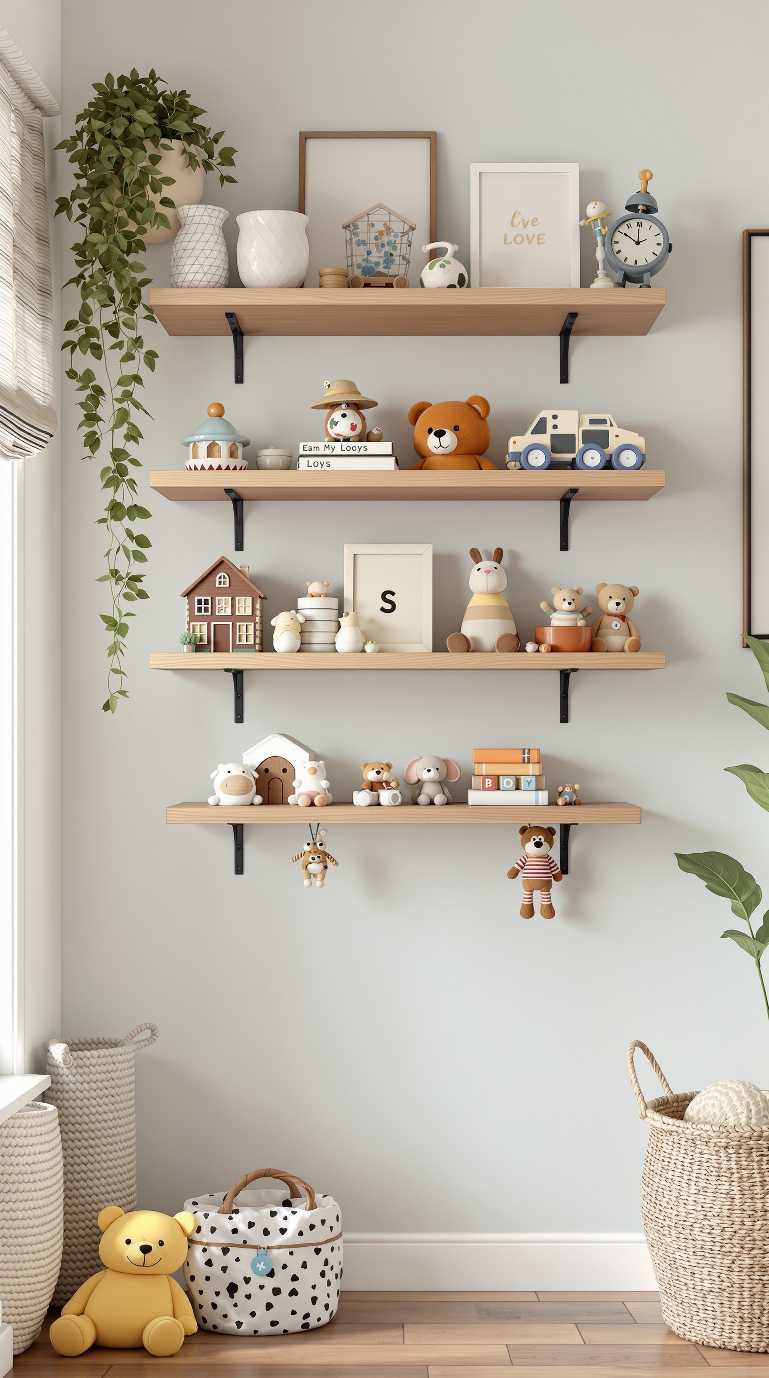 Wall-mounted toy shelves displaying various toys and decorative items