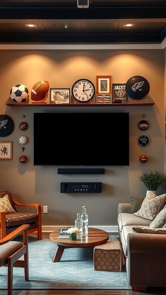 Cozy man cave with a wall-mounted TV, sports memorabilia, and comfortable seating.