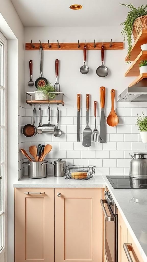 A small kitchen with wall-mounted utensil holders, featuring various cooking tools and plants.