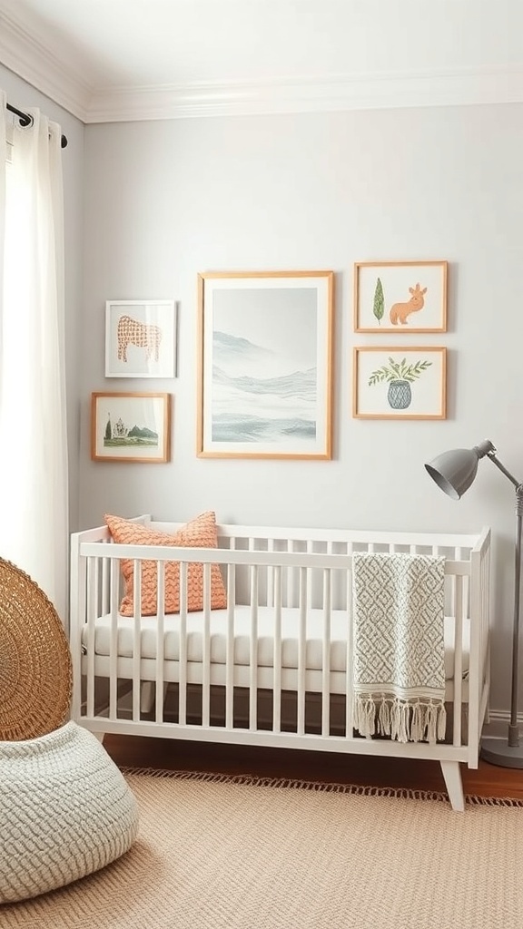 A small nursery featuring a crib with wall art and decor, including framed animal illustrations and a cozy blanket.