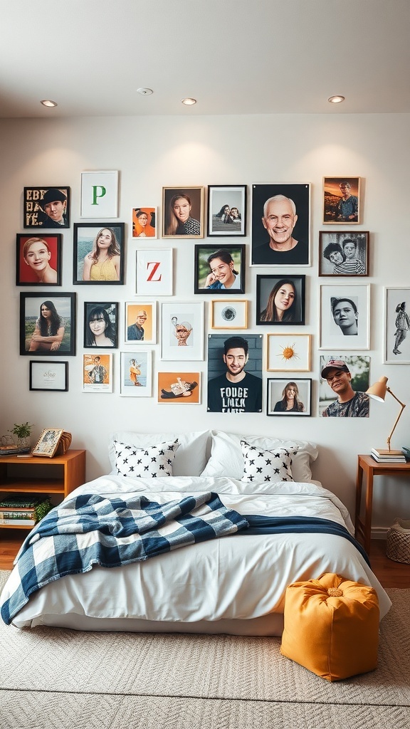 A simple teen bedroom featuring a gallery wall of framed photos, a cozy bed with patterned bedding, and a bright yellow pouf.