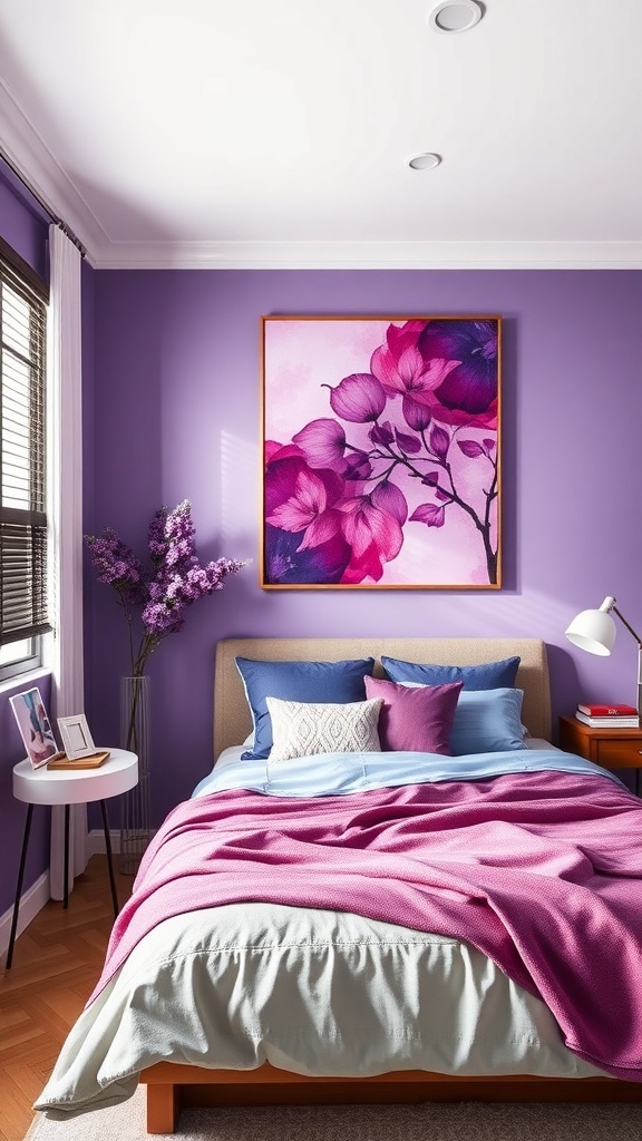 A purple bedroom featuring floral wall art, a cozy bed with colorful pillows, and a side table.