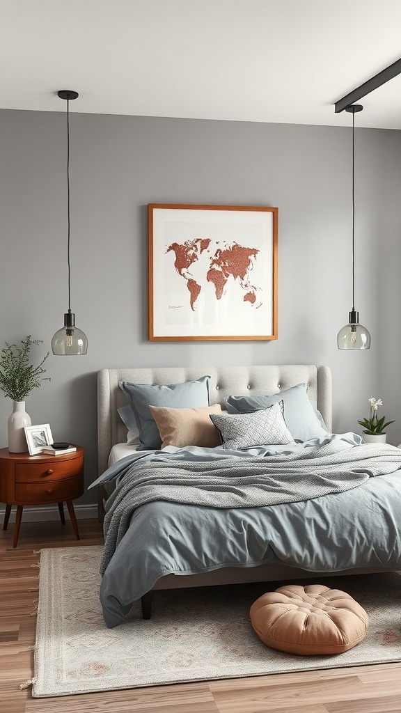 A stylish grey bedroom featuring a world map as wall art, soft bedding, and modern pendant lights.