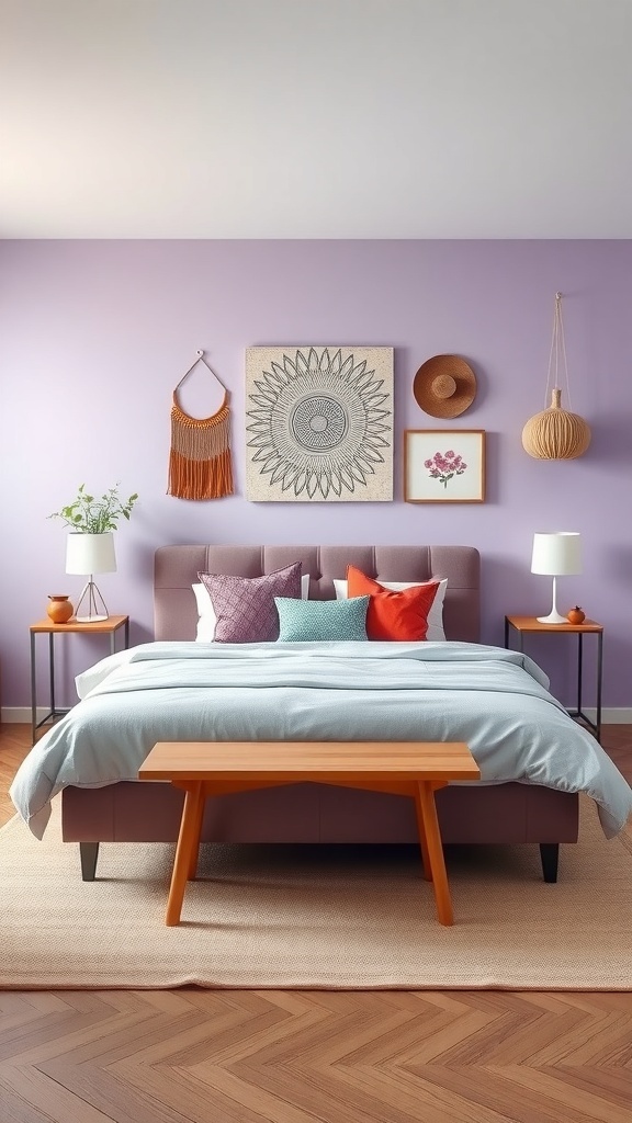 A lilac bedroom featuring wall art ideas, including a large floral print, woven wall hangings, and framed photographs.