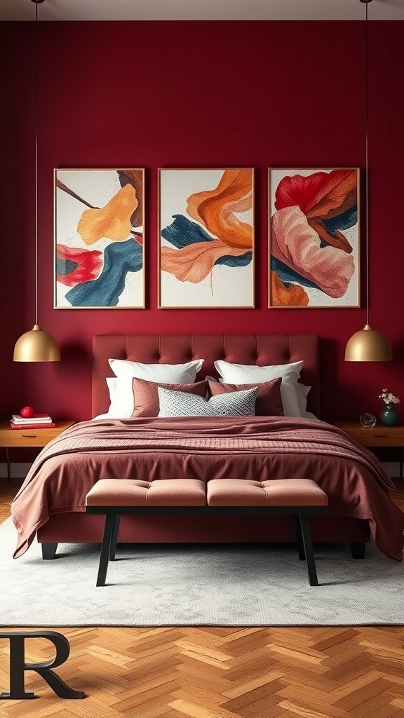 A maroon bedroom featuring three colorful abstract artworks on the wall, a cozy bed with matching bedding, and warm lighting.