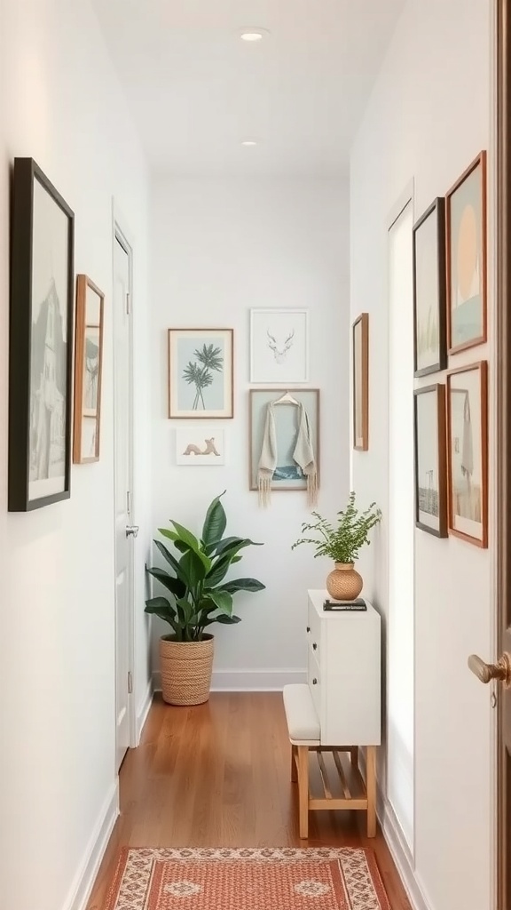 A small hallway with framed wall art, a plant, and a console table.