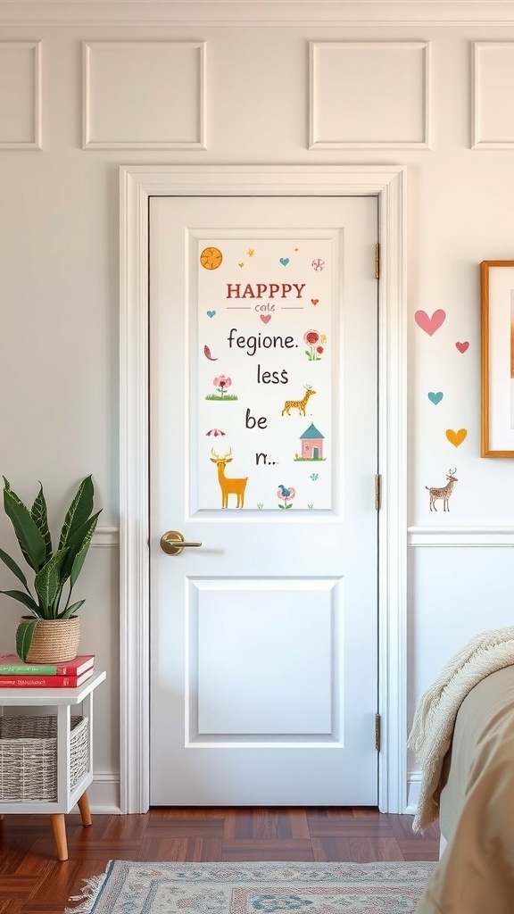 A bedroom door decorated with colorful wall decals featuring animals, flowers, and cheerful text.