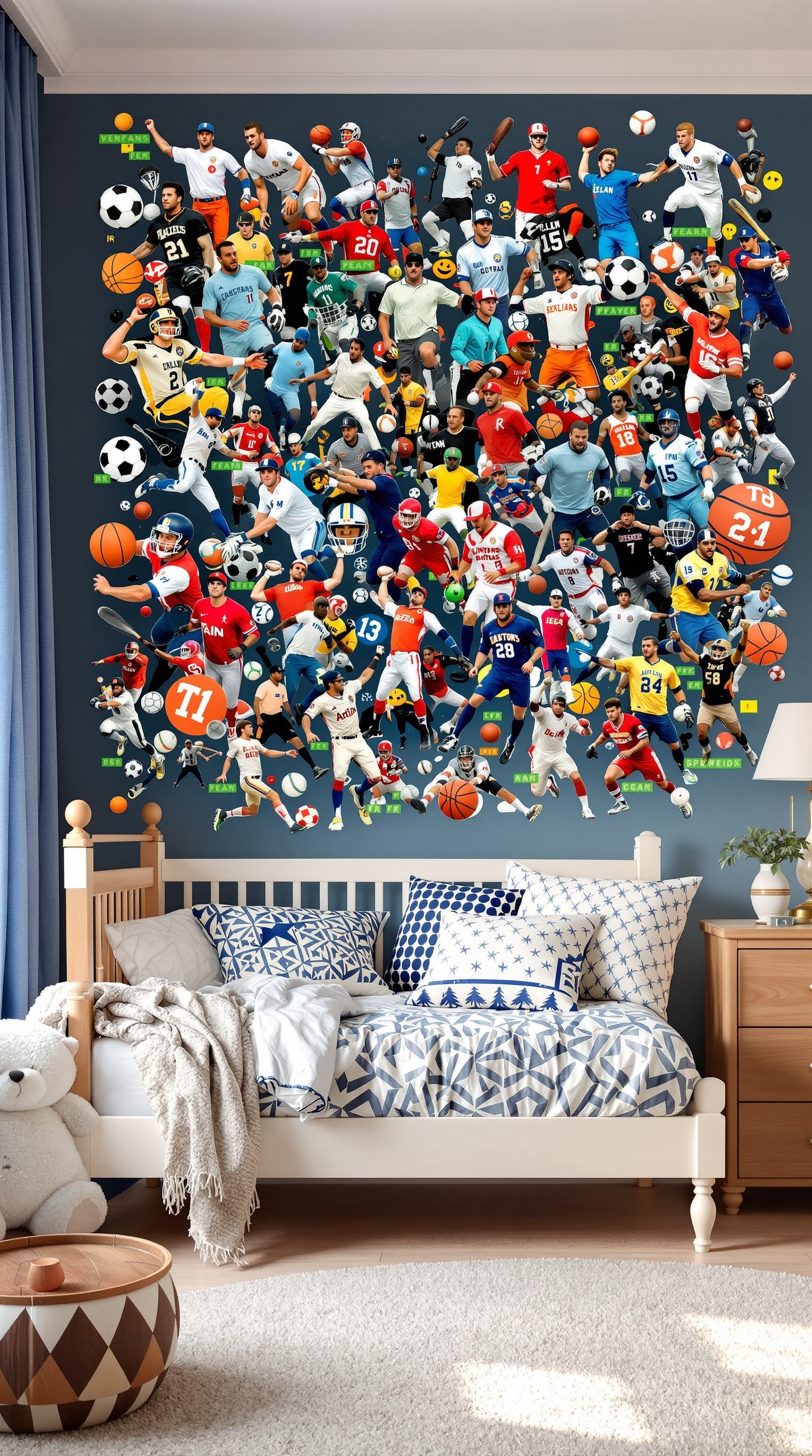 A bedroom with a wall covered in colorful sports decals featuring various athletes.