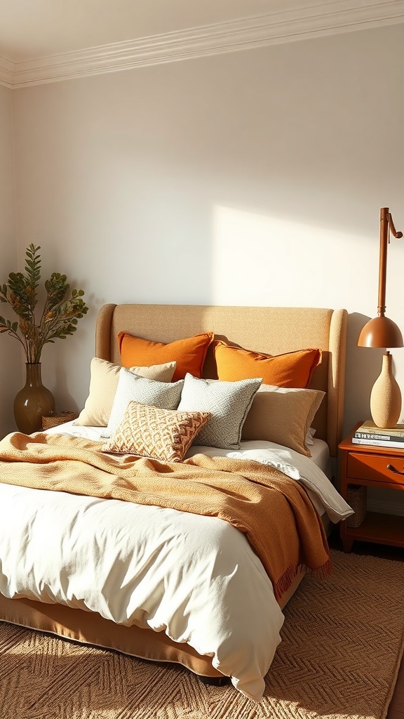 A cozy bedroom with warm-toned bedding in shades of orange and beige, featuring layered pillows and a chunky knit throw.