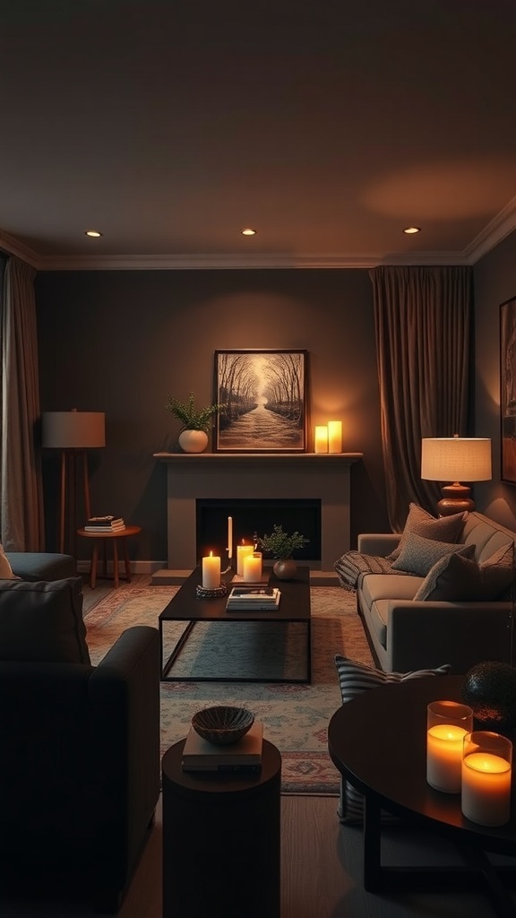 A dark cozy living room with warm lighting, featuring candles and lamps.