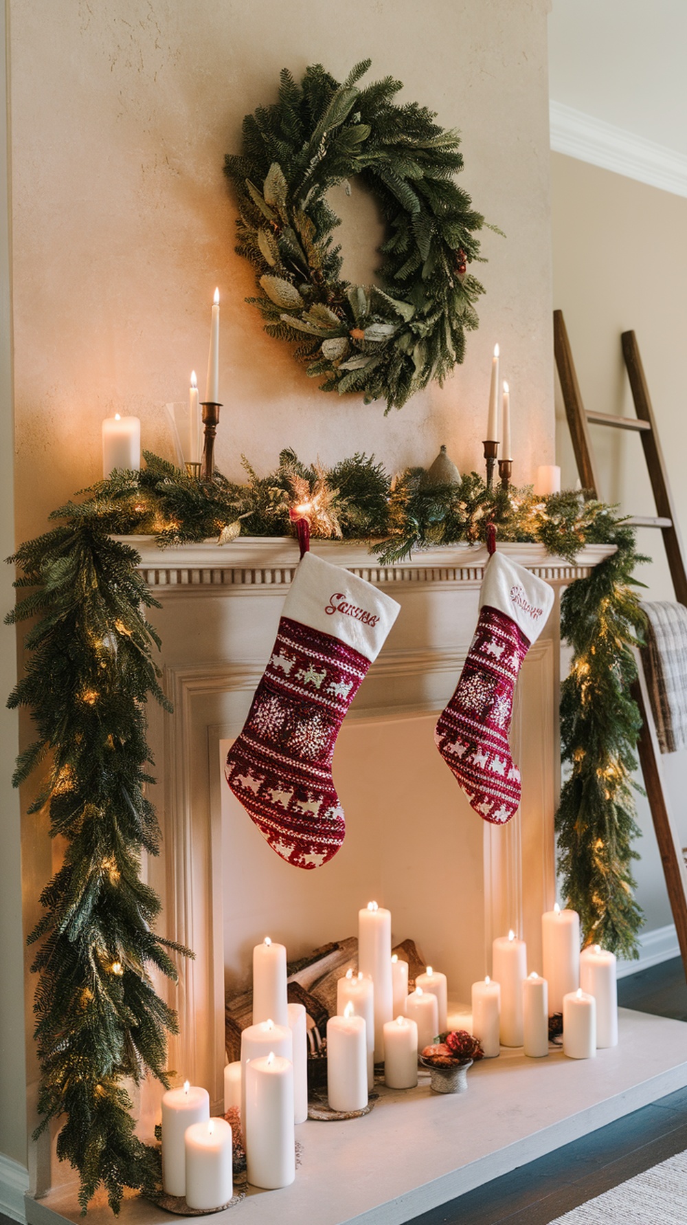 A cozy fireplace mantel decorated for the holidays with stockings, candles, and a wreath.