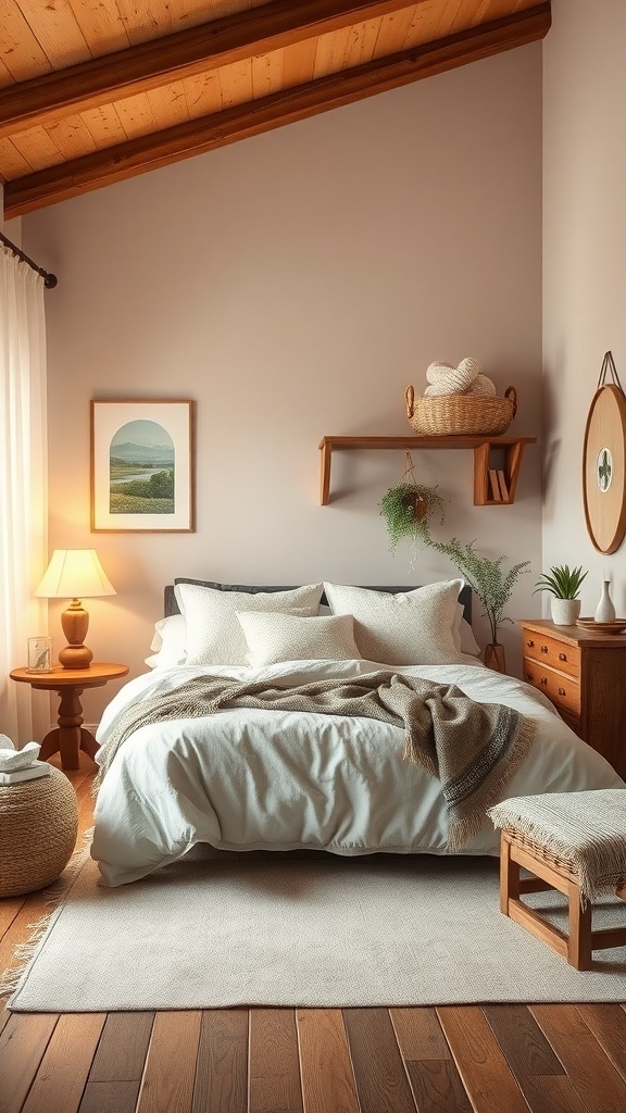 A rustic bedroom featuring a cozy bed, wooden beams, warm lighting, and natural decor.