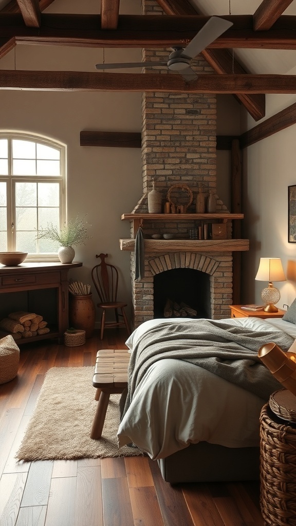 A rustic farmhouse bedroom featuring wooden beams, a brick fireplace, and cozy bedding.