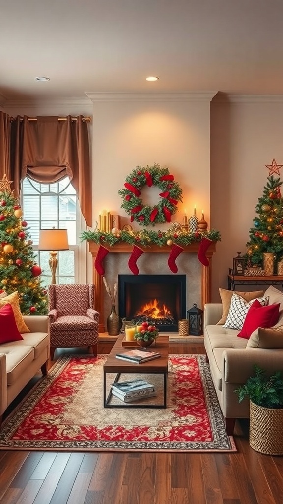 A cozy Christmas living room decorated with red and green accents, featuring a fireplace, stockings, and Christmas trees.
