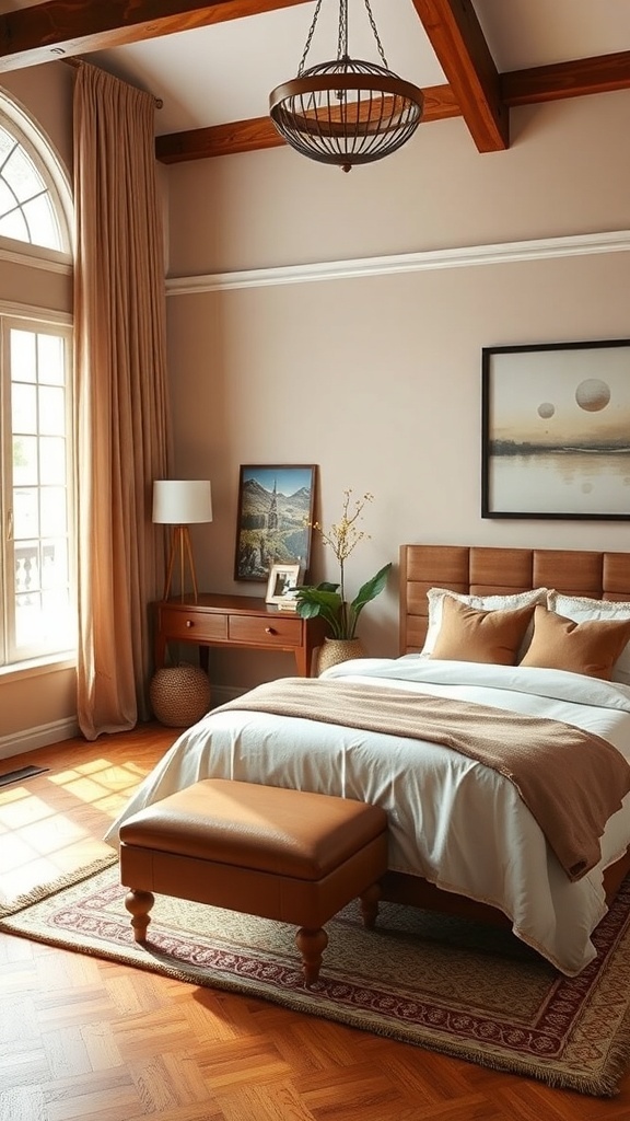 A warm and inviting king bedroom with beige walls, wooden beams, and soft bedding.