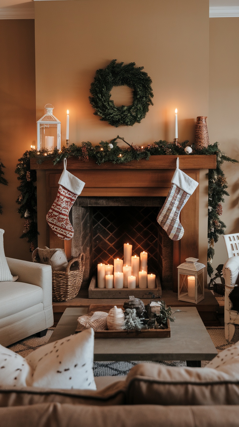 A cozy fireplace decorated for Christmas with stockings, candles, and greenery.