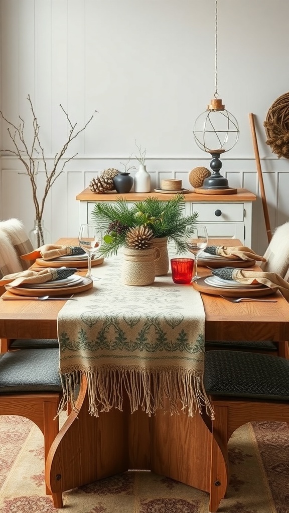 A winter tablescape featuring a wooden table set with a woven table runner, placemats, and cozy textiles, creating a warm and inviting atmosphere.