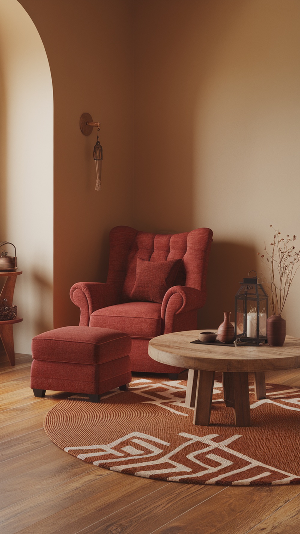 A cozy autumn-themed living space featuring a red armchair, wooden coffee table, and warm color palette.
