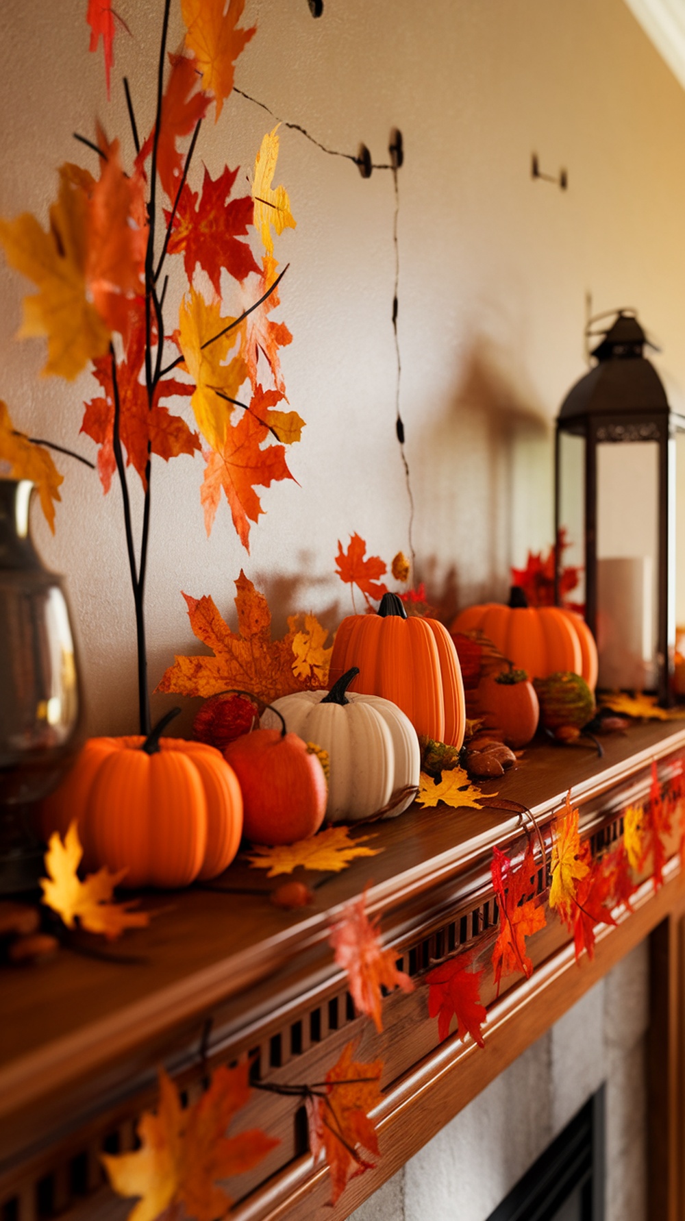 A beautifully decorated mantel for Thanksgiving featuring pumpkins, autumn leaves, and a lantern.
