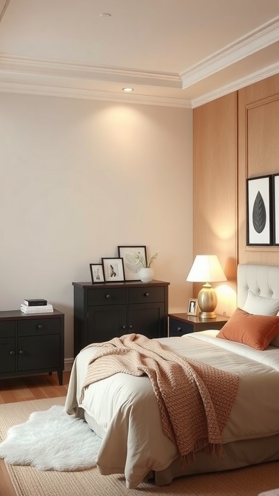 A cozy bedroom featuring a warm beige accent wall, natural wood furniture, and soft textures.